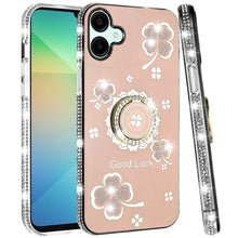 For Samsung Galaxy A06 Case Glitter Clover Design Crystal Studs Ring Stand Cover