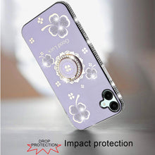 For Samsung Galaxy A06 Case Glitter Clover Design Crystal Studs Ring Stand Cover