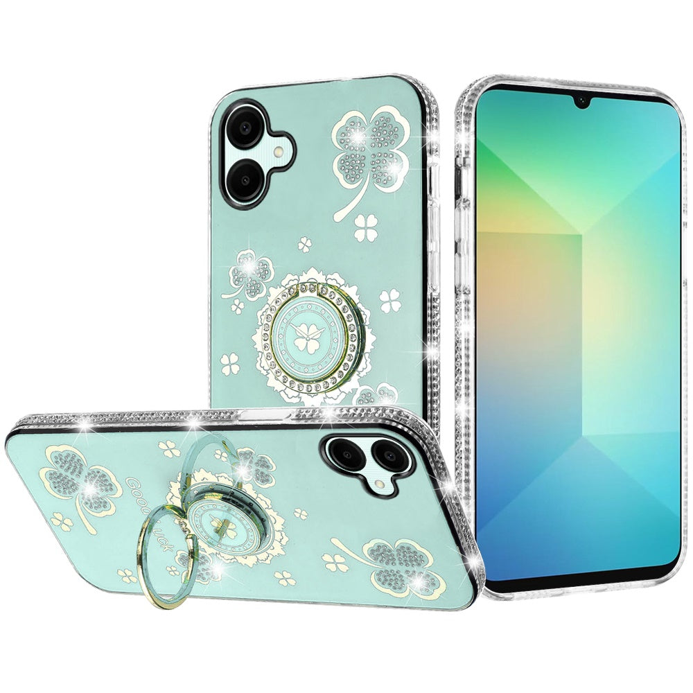 For Samsung Galaxy A06 Case Glitter Clover Design Crystal Studs Ring Stand Cover