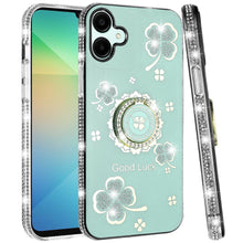 For Samsung Galaxy A06 Case Glitter Clover Design Crystal Studs Ring Stand Cover