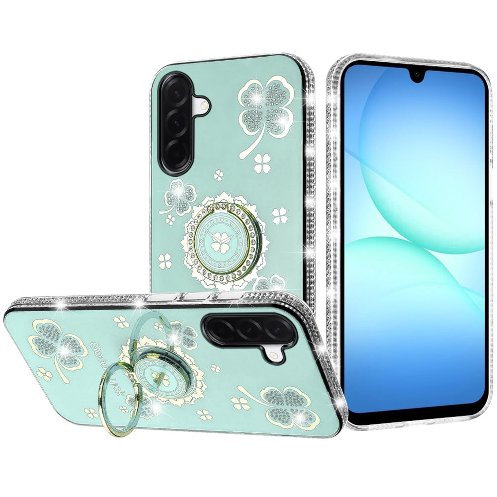 For Samsung A17 5G Case Crystal Studded Ring Stand Bling Cover + Tempered Glass