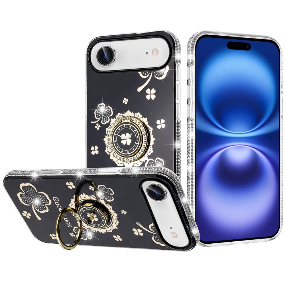 For iPhone Air Case Crystal Studded Ring Stand Bling Phone Cover +Tempered Glass
