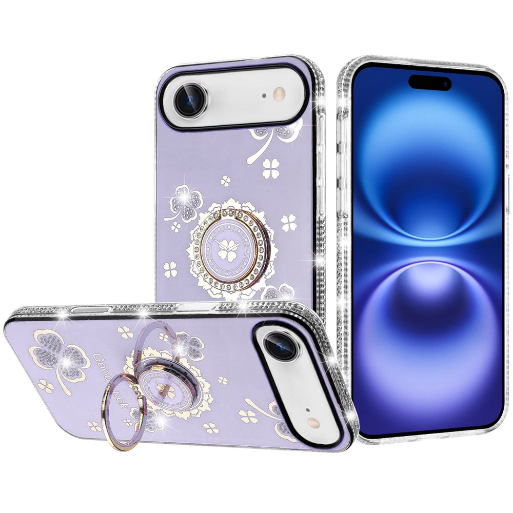 For iPhone Air Case Crystal Studded Ring Stand Bling Phone Cover +Tempered Glass