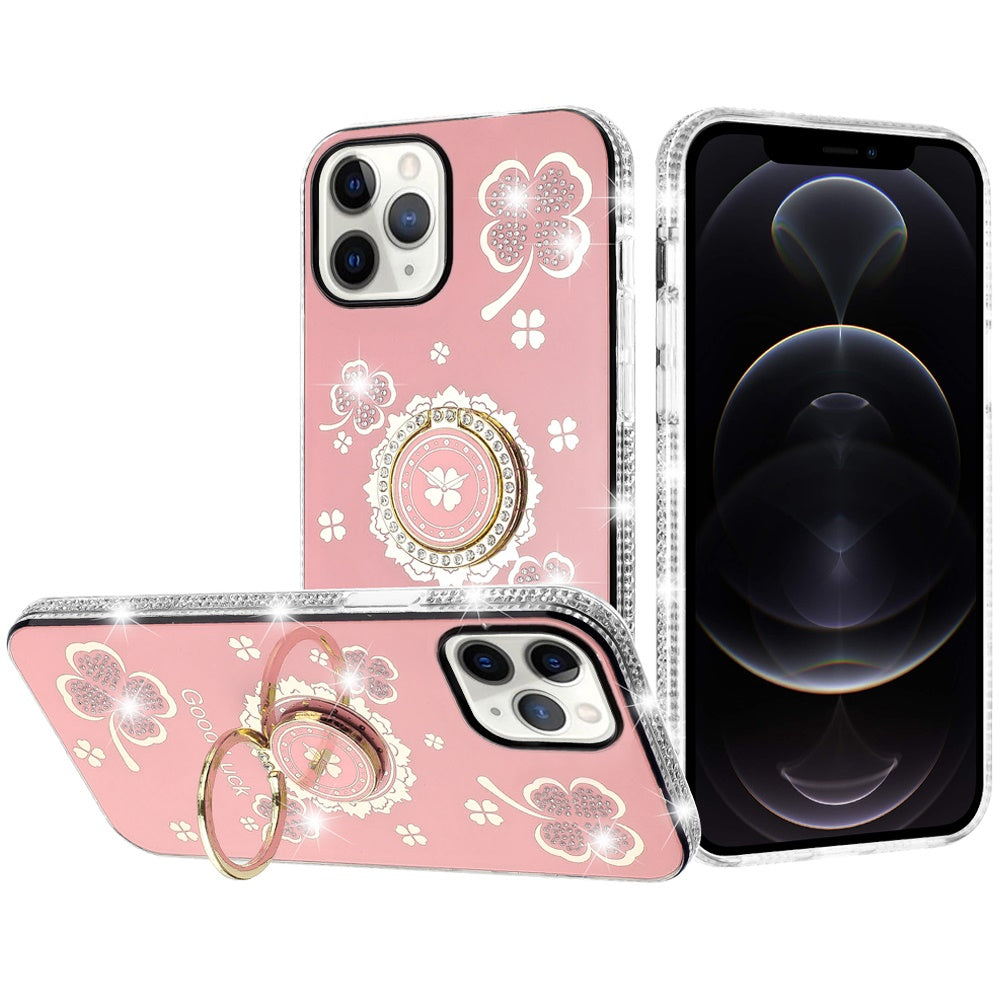 For iPhone 12 Pro Max Case Crystal Studded Ring Stand Bling + Tempered Glass