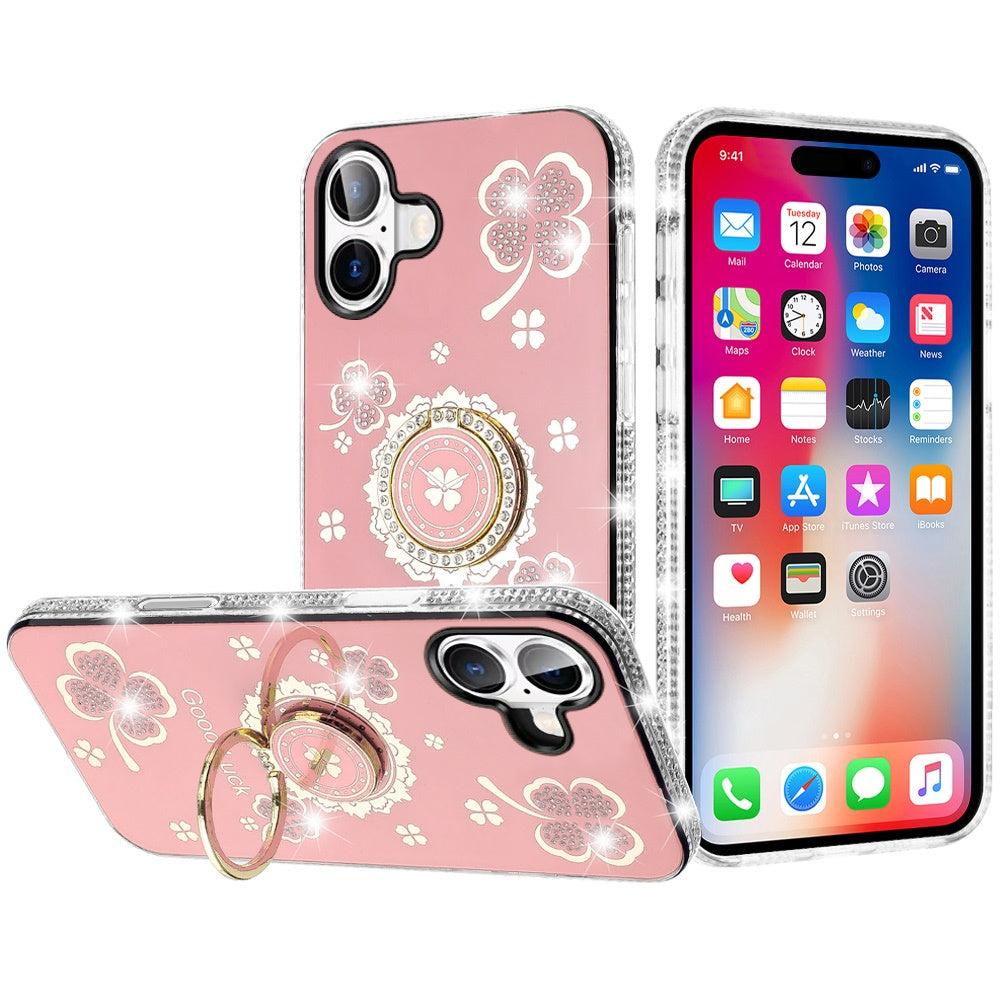For iPhone 16 6.1inch Case Crystal Studded Ringstand Bling Cover +Tempered Glass