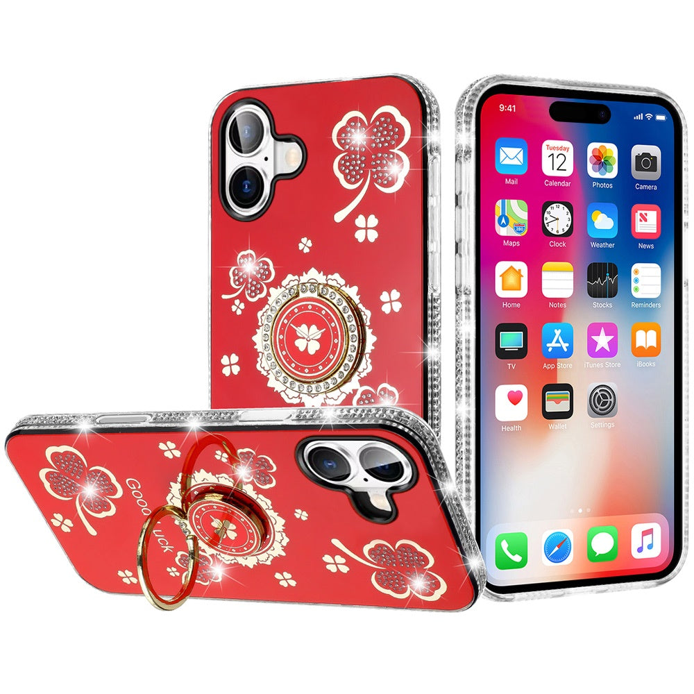 For iPhone 16 6.1inch Case Crystal Studded Ringstand Bling Cover +Tempered Glass