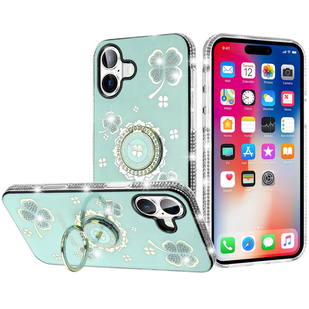 For iPhone 16 6.1inch Case Crystal Studded Ringstand Bling Cover +Tempered Glass