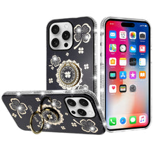 For iPhone 16 Pro 6.3in Case Crystal Studded Ring stand Bling + Tempered Glass