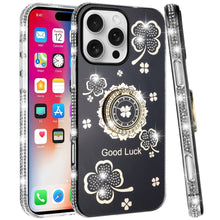 For iPhone 16 Pro 6.3in Case Crystal Studded Ring stand Bling + Tempered Glass