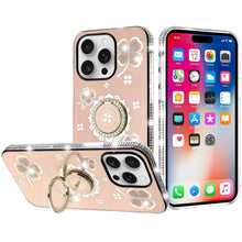 For iPhone 16 Pro 6.3in Case Crystal Studded Ring stand Bling + Tempered Glass