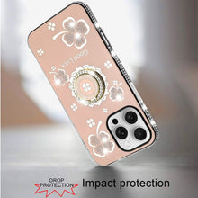 For iPhone 16 Pro 6.3in Case Crystal Studded Ring stand Bling + Tempered Glass