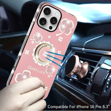 For iPhone 16 Pro 6.3in Case Crystal Studded Ring stand Bling + Tempered Glass