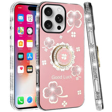 For iPhone 16 Pro 6.3in Case Crystal Studded Ring stand Bling + Tempered Glass