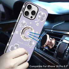 For iPhone 16 Pro 6.3in Case Crystal Studded Ring stand Bling + Tempered Glass