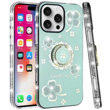 For iPhone 16 Pro 6.3in Case Crystal Studded Ring stand Bling + Tempered Glass