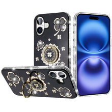 For iPhone 17 Case Crystal Studded Ring Stand Bling Phone Cover + Tempered Glass