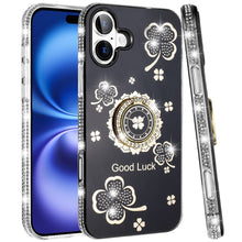 For iPhone 17 Case Crystal Studded Ring Stand Bling Phone Cover + Tempered Glass