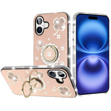 For iPhone 17 Case Crystal Studded Ring Stand Bling Phone Cover + Tempered Glass