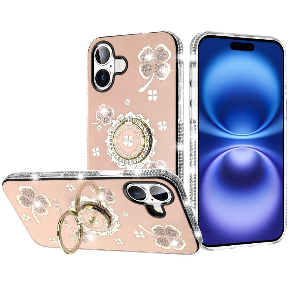 For iPhone 17 Case Crystal Studded Ring Stand Bling Phone Cover + Tempered Glass