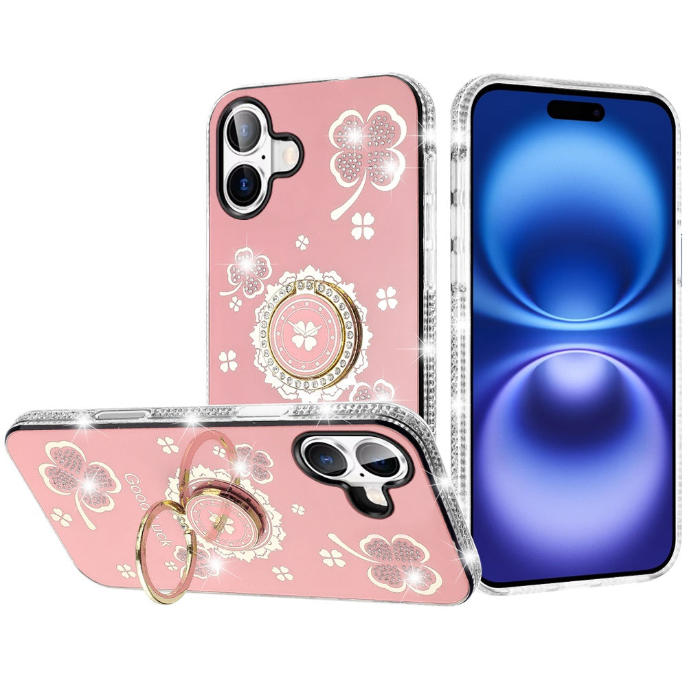 For iPhone 17 Case Crystal Studded Ring Stand Bling Phone Cover + Tempered Glass