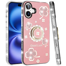 For iPhone 17 Case Crystal Studded Ring Stand Bling Phone Cover + Tempered Glass