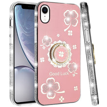 For iPhone XR Case Crystal Studded Ring Stand Bling Phone Cover + Tempered Glass