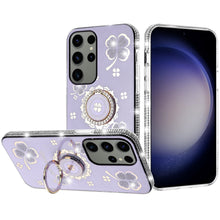 For Samsung Galaxy S24+ Plus Case Glitter Clover Design Crystal Studs Ring Stand