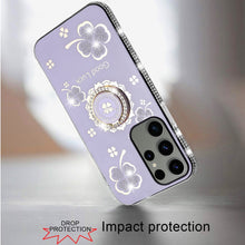 For Samsung Galaxy S24+ Plus Case Glitter Clover Design Crystal Studs Ring Stand