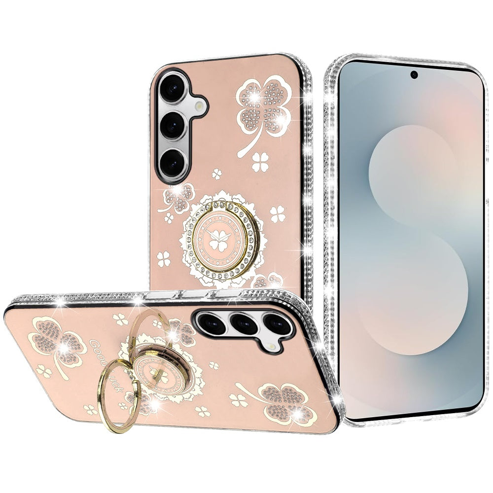 For Samsung S25 FE Case Crystal Studded Ring Stand Bling Cover + Tempered Glass