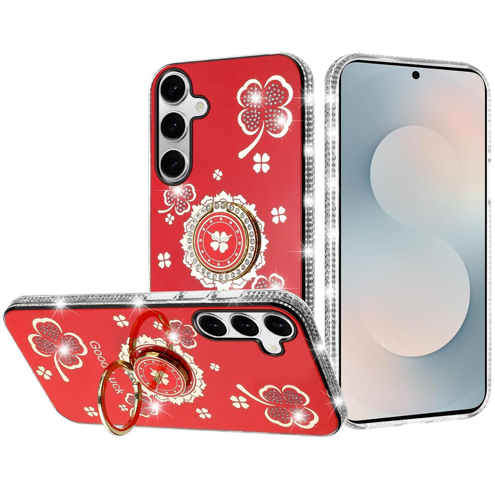 For Samsung S25 FE Case Crystal Studded Ring Stand Bling Cover + Tempered Glass