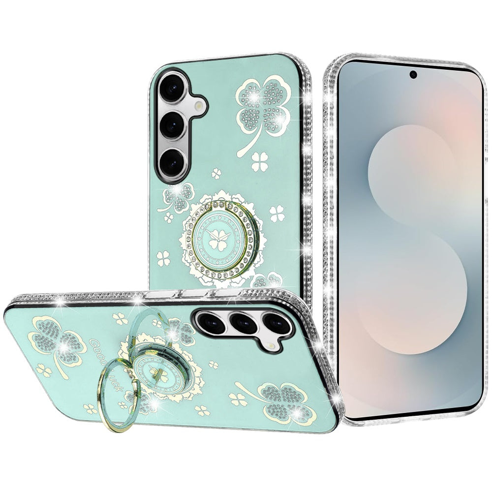 For Samsung S25 FE Case Crystal Studded Ring Stand Bling Cover + Tempered Glass