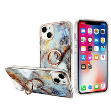 For iPhone 14 Case RoseGold Chrome Edge IMD Marble Design Ring Stand Phone Cover