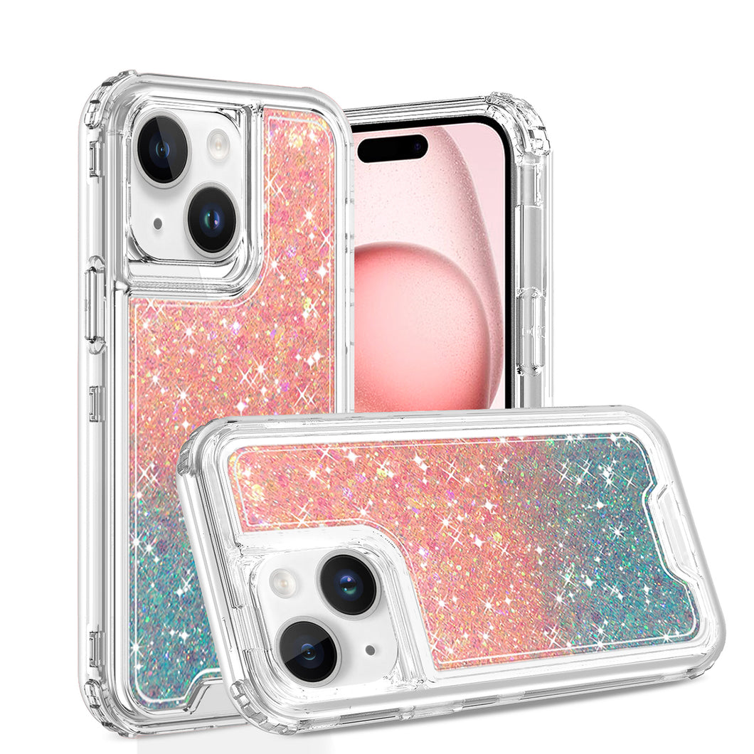 For iPhone 15 PRO Case Epoxy Glitter 3in1 Shockproof Cover + 2 Tempered Glass