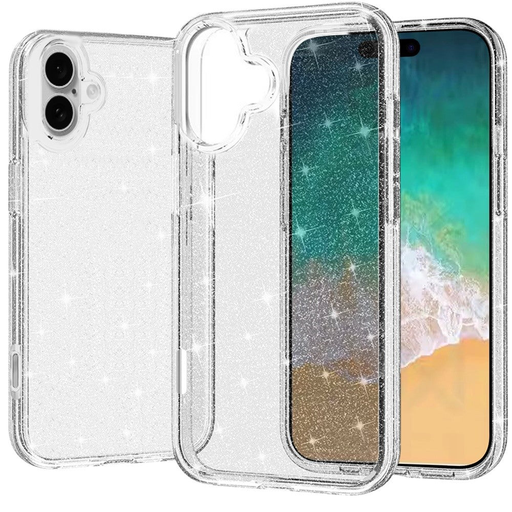 For iPhone 16 Plus 6.7in Case Glitter Thick Translucent Cover + Tempered Glass