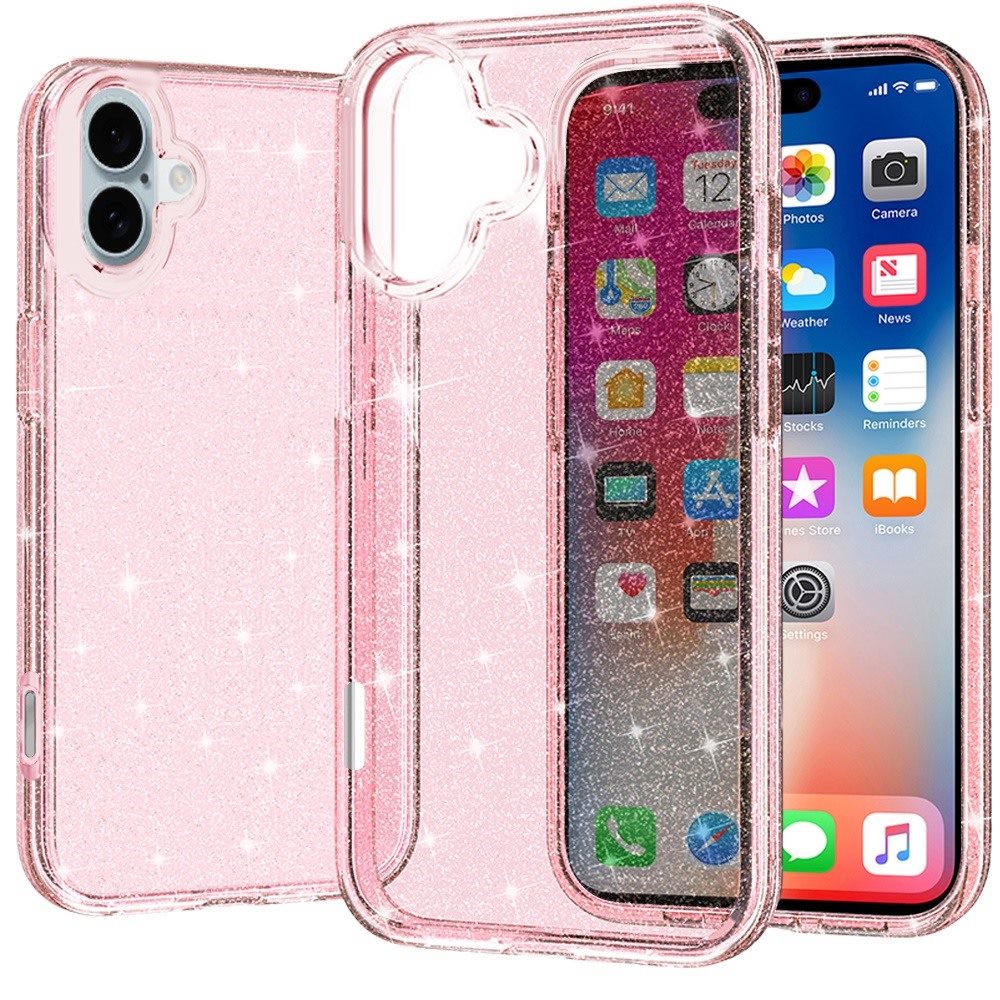 For iPhone 16 6.1inch Case Glitter Thick 3mm Translucent Cover + Tempered Glass