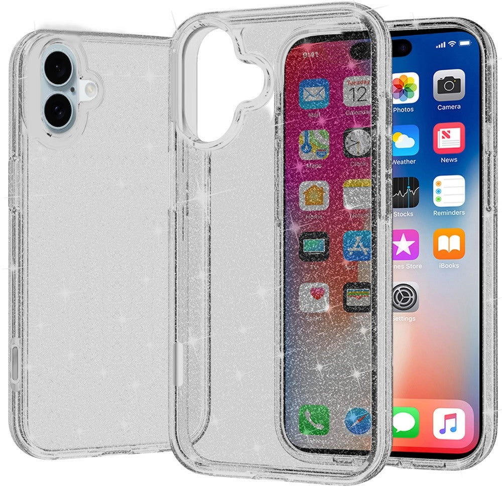 For iPhone 16 6.1inch Case Glitter Thick 3mm Translucent Cover + Tempered Glass