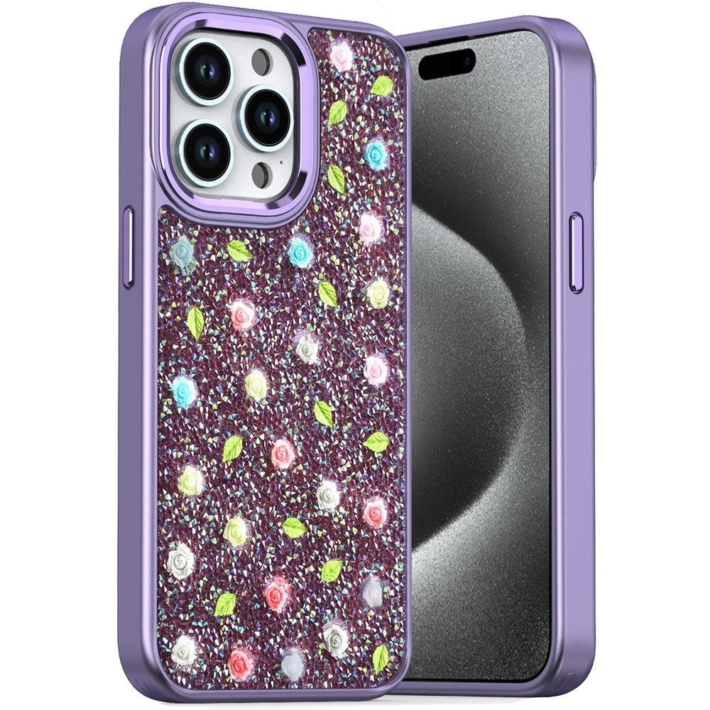 For iPhone 15 Pro Max Case Bling Diamond Tiny Roses Glitter + 2 Tempered Glass