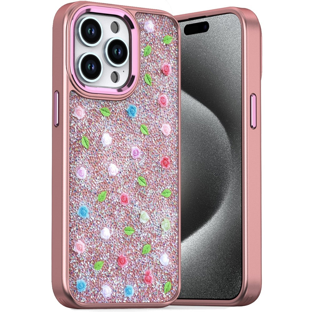For iPhone 15 Pro Max Case Bling Diamond Tiny Roses Glitter + 2 Tempered Glass