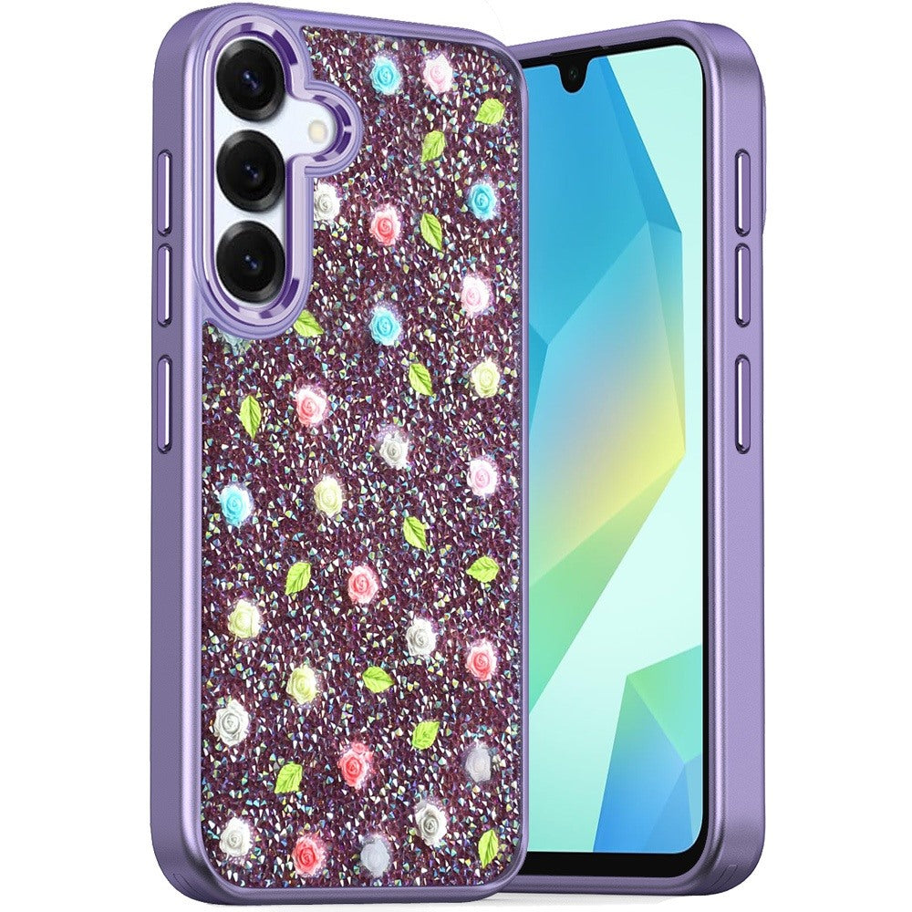 For Samsung A16 5G Case Bling Diamond Tiny Roses Glitter Cover +Tempered Glass