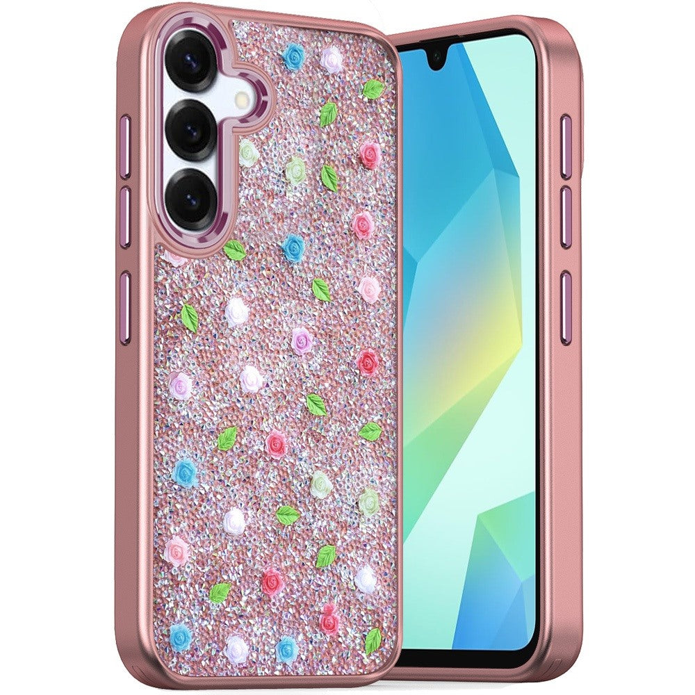 For Samsung A16 5G Case Bling Diamond Tiny Roses Glitter Cover +Tempered Glass