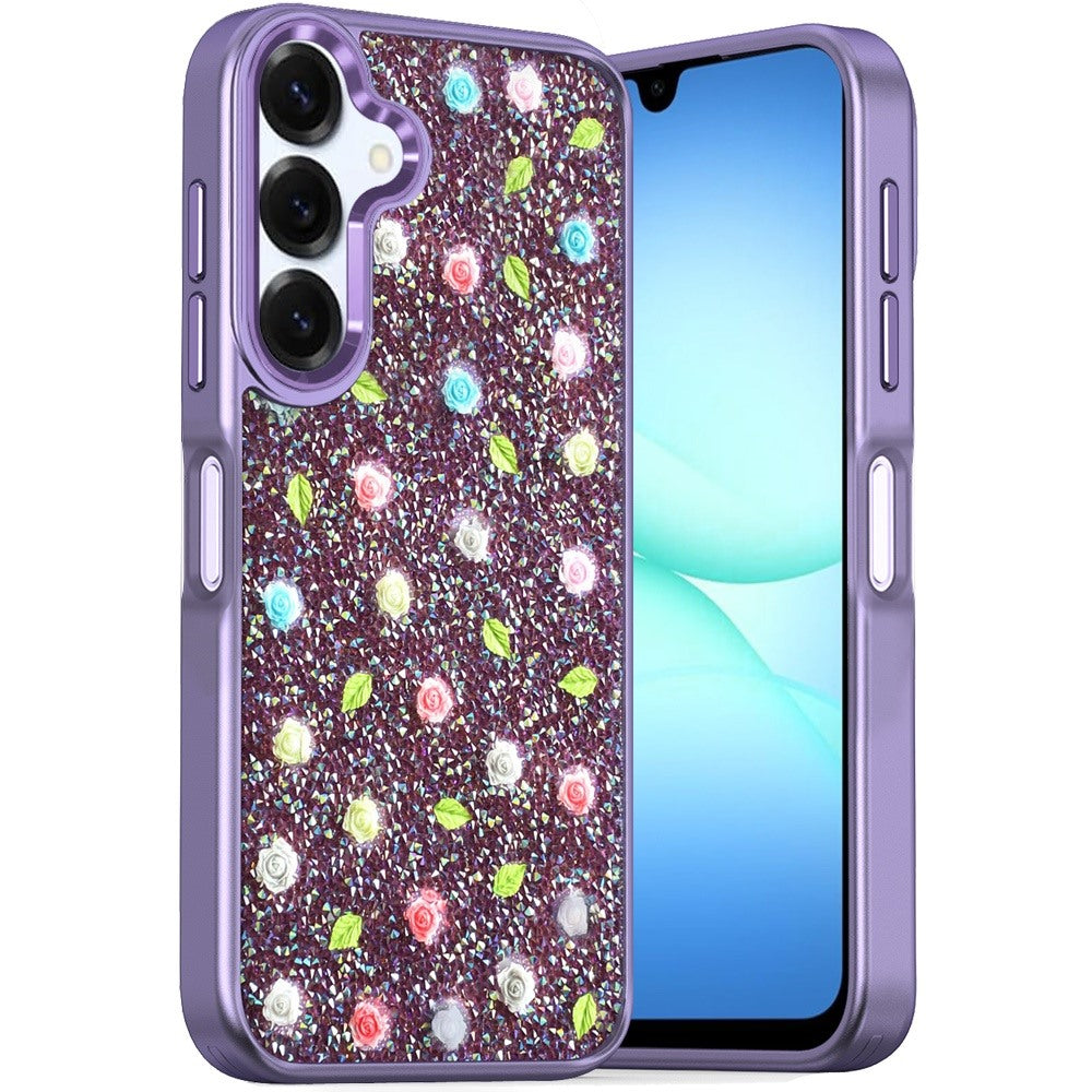 For Samsung A17 5G Case Bling Diamond Tiny Roses Glitter Cover + Tempered Glass