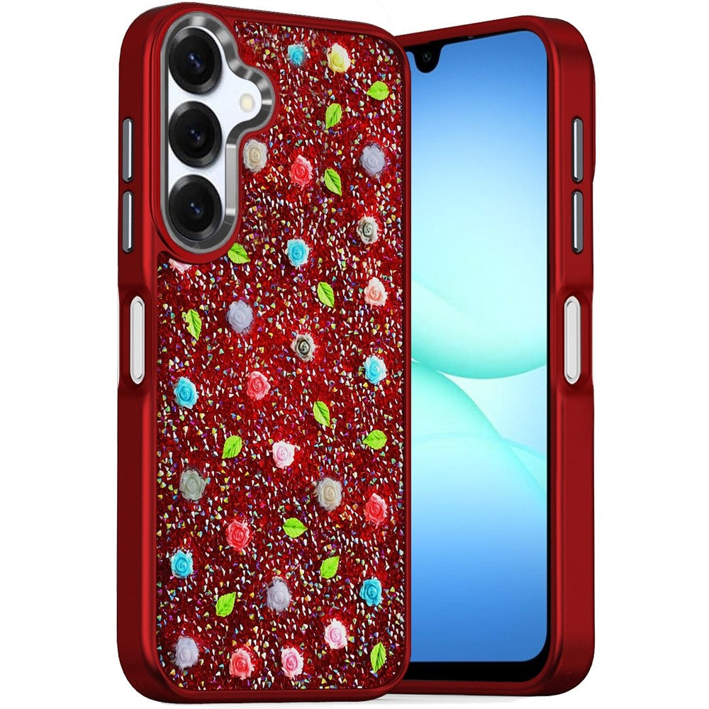 For Samsung A17 5G Case Bling Diamond Tiny Roses Glitter Cover + Tempered Glass