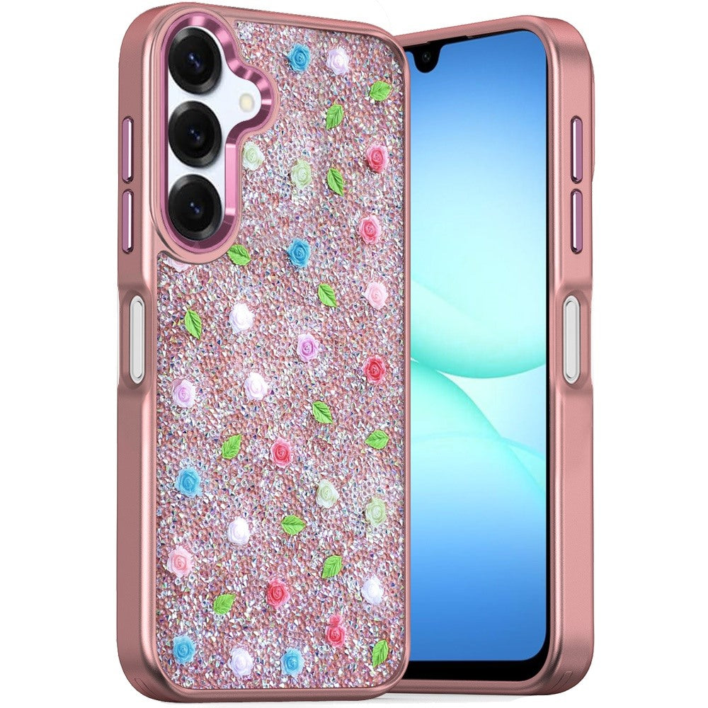 For Samsung A17 5G Case Bling Diamond Tiny Roses Glitter Cover + Tempered Glass