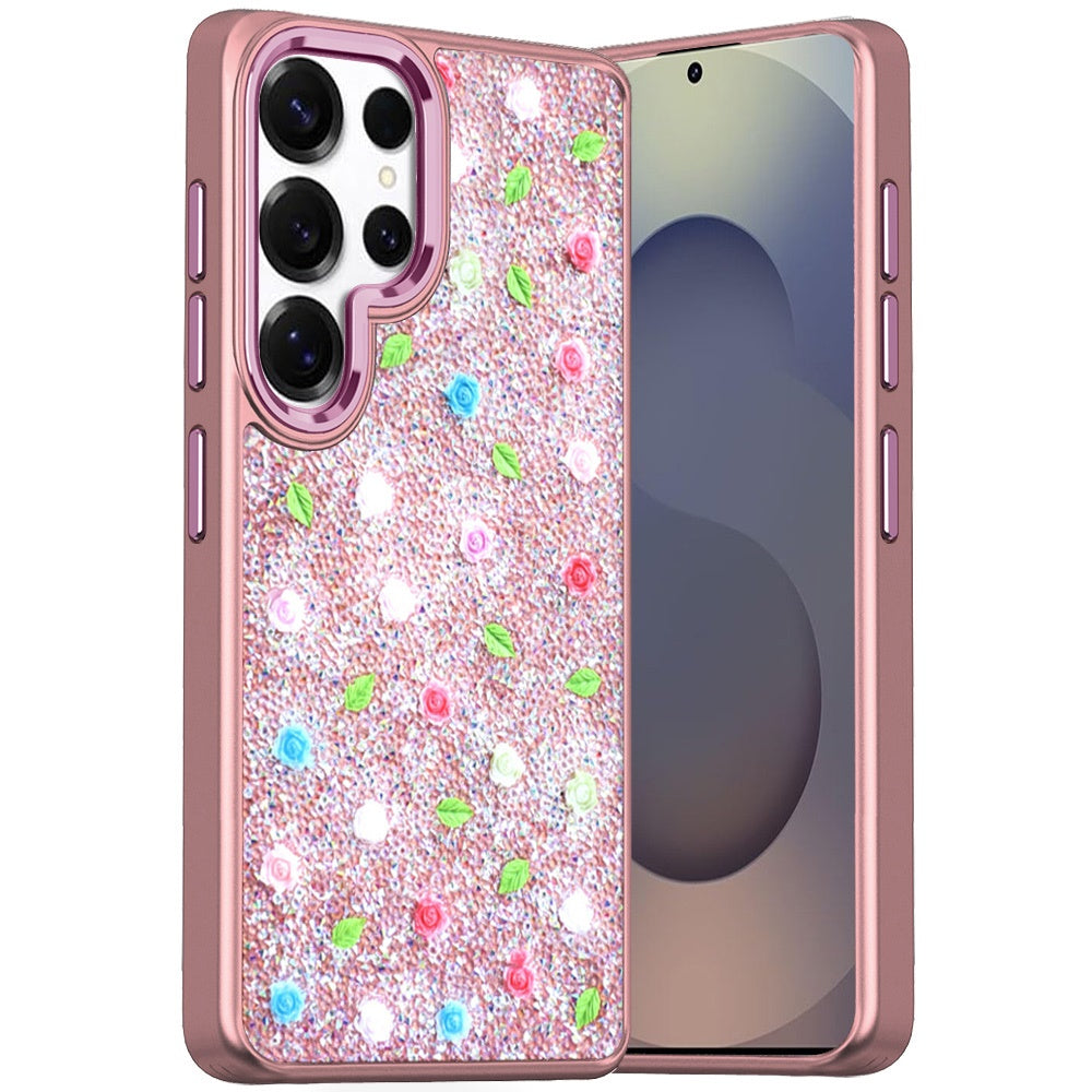 For Samsung S25 Ultra Case Diamond Bling Tiny Roses Glitter + Tempered Glass