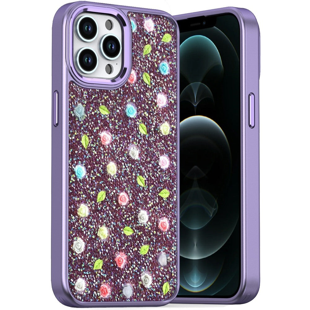 For iPhone 12 Pro Max Case Bling Diamond Tiny Roses Glitter + Tempered Glass