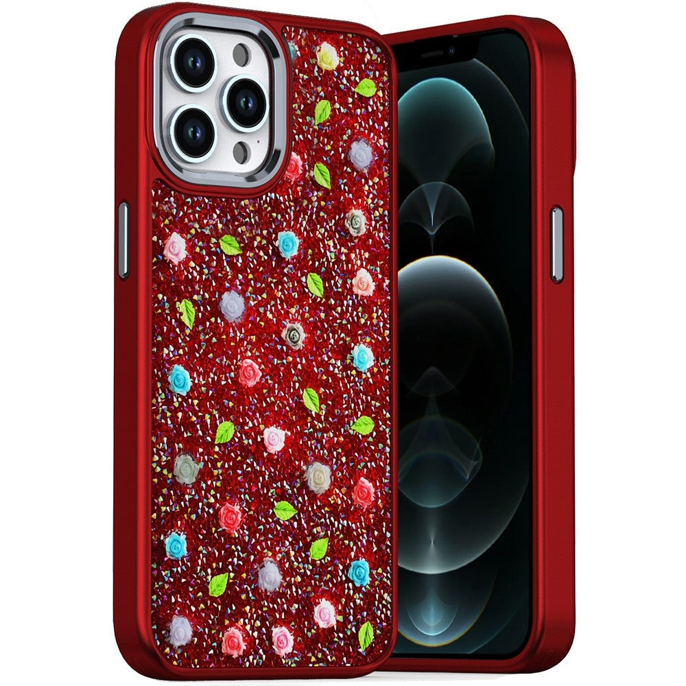 For iPhone 12 Pro Max Case Bling Diamond Tiny Roses Glitter + Tempered Glass