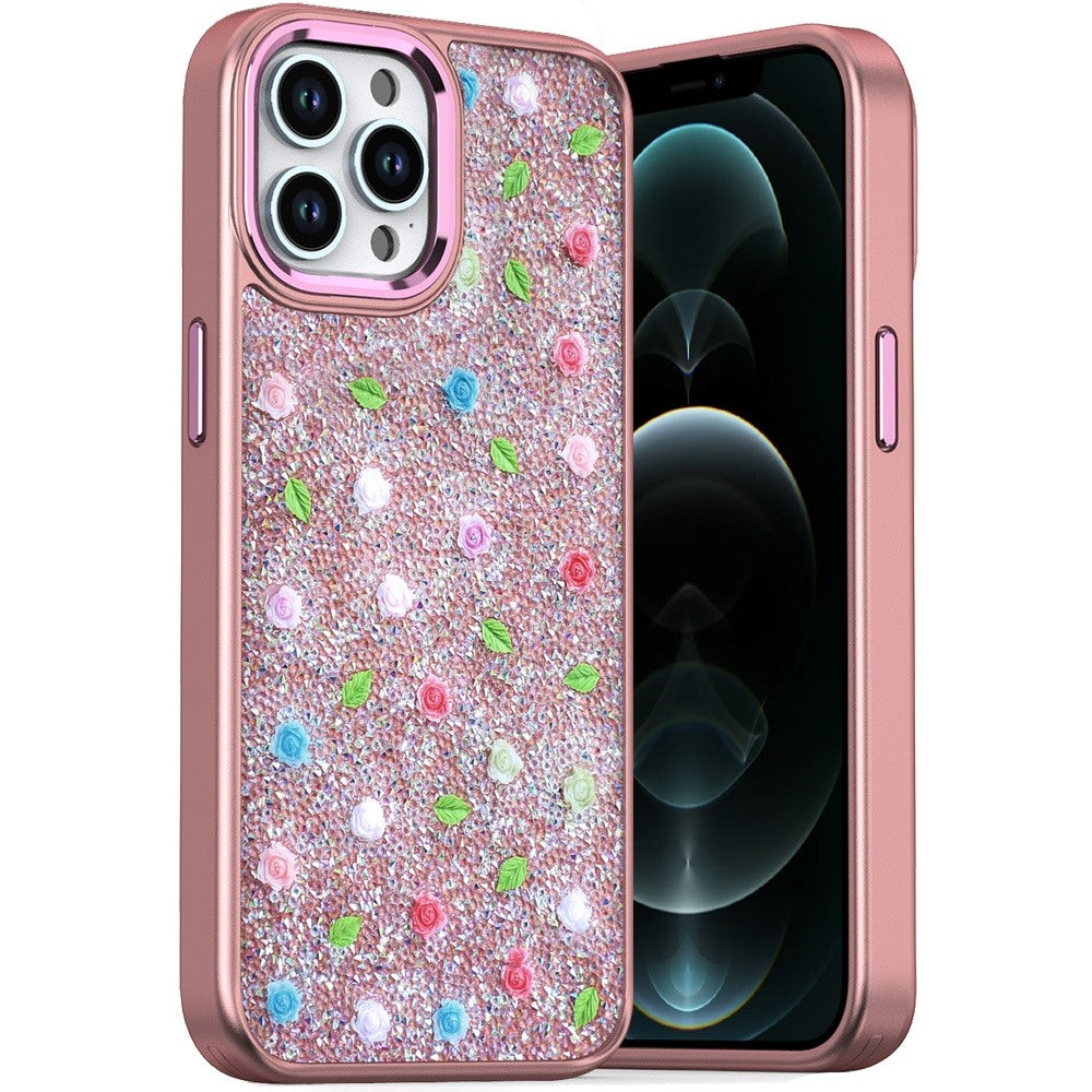 For iPhone 12 Pro Max Case Bling Diamond Tiny Roses Glitter + Tempered Glass