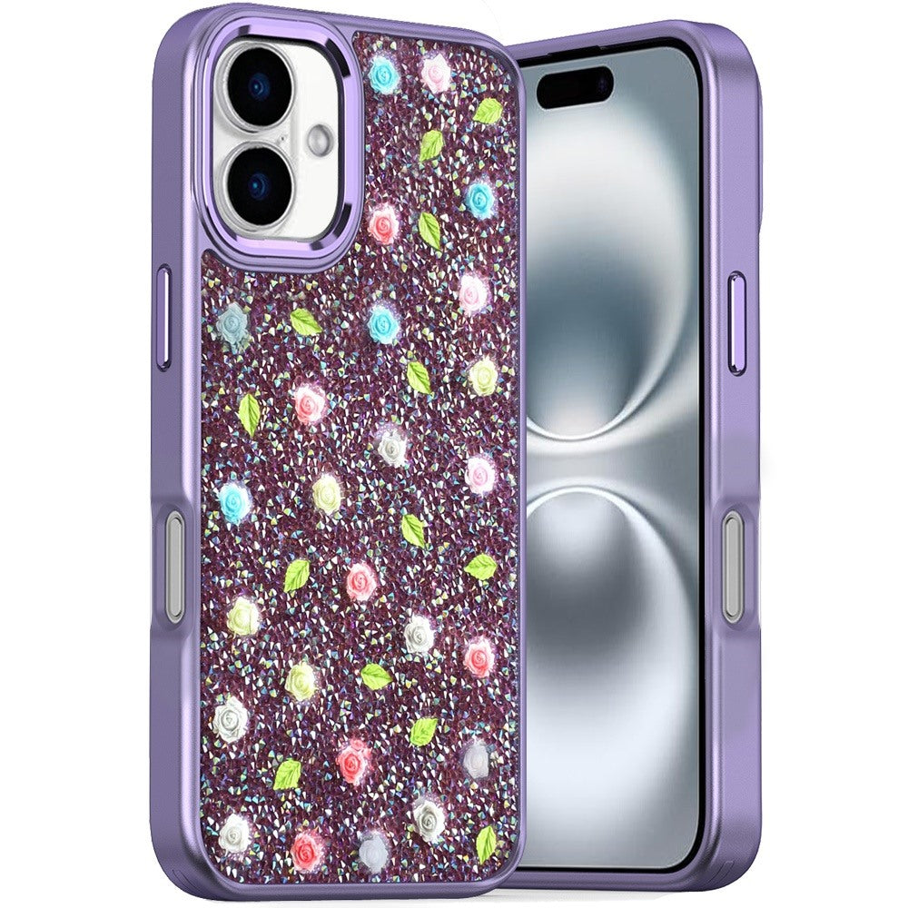 For iPhone 16 6.1inch Case Bling Diamond Tiny Roses Glitter + Tempered Glass