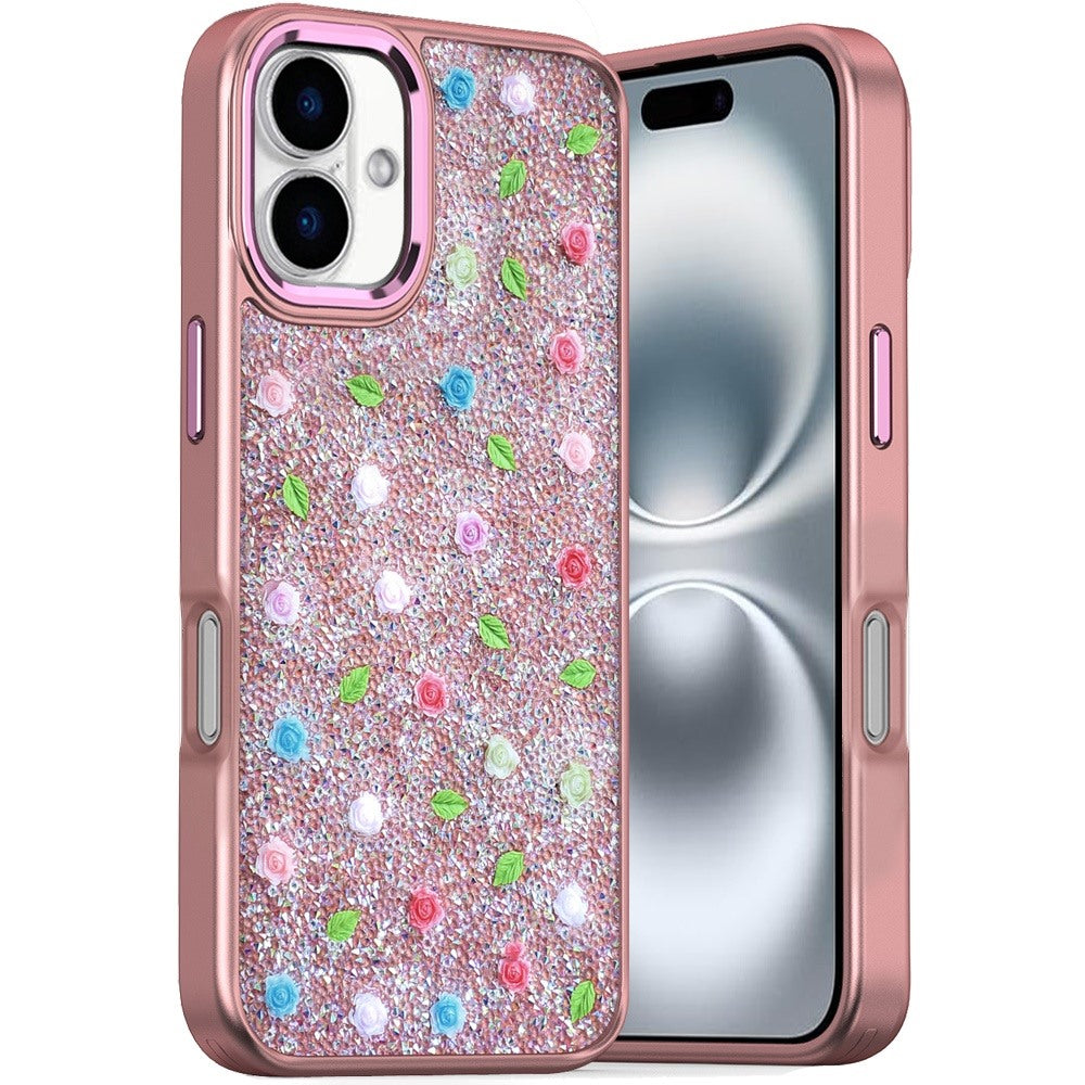 For iPhone 16 6.1inch Case Bling Diamond Tiny Roses Glitter + Tempered Glass