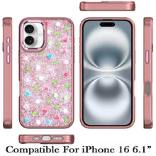 For iPhone 16 6.1inch Case Bling Diamond Tiny Roses Glitter + Tempered Glass